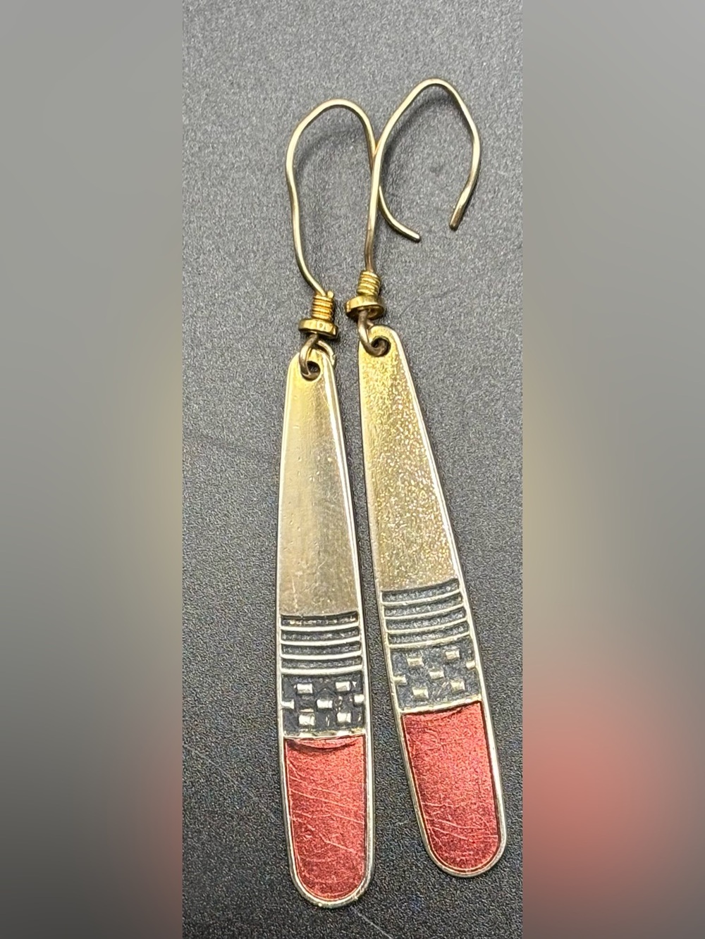 Vintage Laurel Burch Dangle Earrings Mixed Metal Brass Red Enamel Drop Geometric